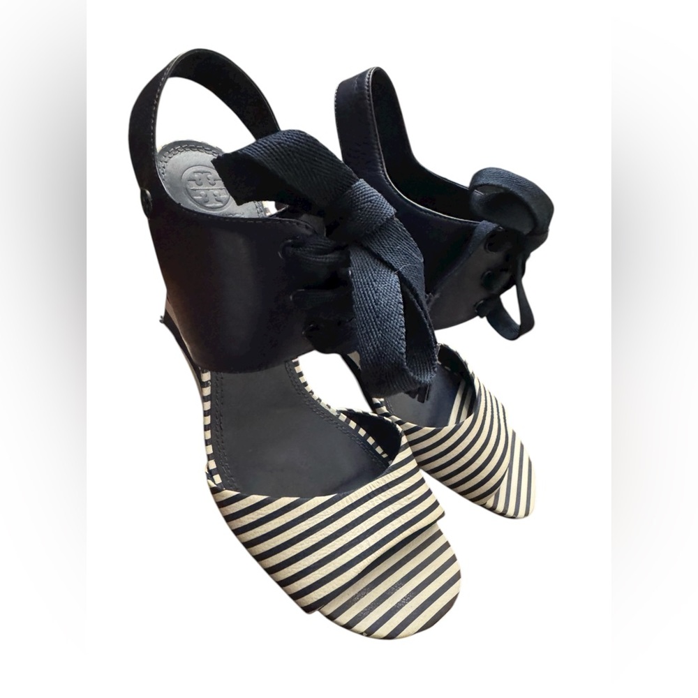 Tory Burch Navy Striped Women's Wedge Sandals Sz 11 - Picture 2 of 8